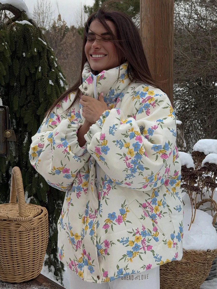 Bornladies New Women's Puffer Jacket Stand Up Collar Zipper Closure Floral Print Warm Cotton Filled Coat Oversized Autumn Winter