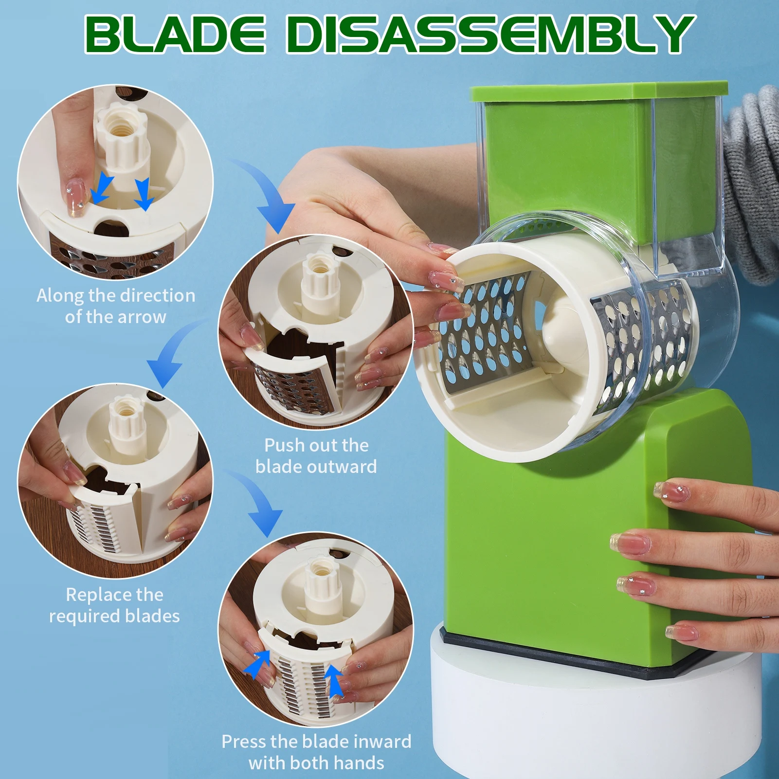 3 in 1 Rotary Cheese Grater, Manual Vegetable Slicer, Shredder with Handle & Strong Suction Base, 3 Interchangeable Blades