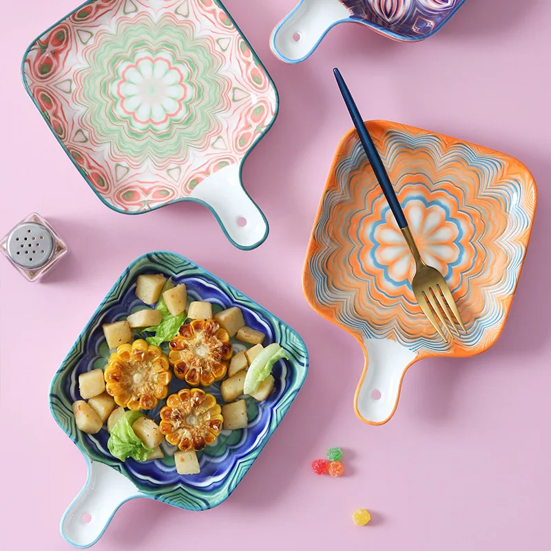

Ceramic Baking Plates with Handle American Bohemia Style Western Food Plate Set for Restaurant Hotel Kitchen Dinnerware Set