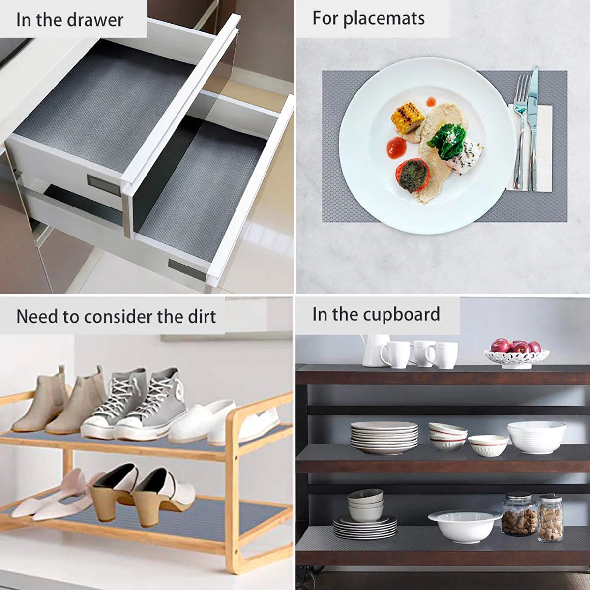 Drawer Liners EVA Anti-slip Kitchen Shelf Liner Drawer Mat Tableware Mat Cabinet Liner for Kitchen Shelves Drawer Table Top Gray