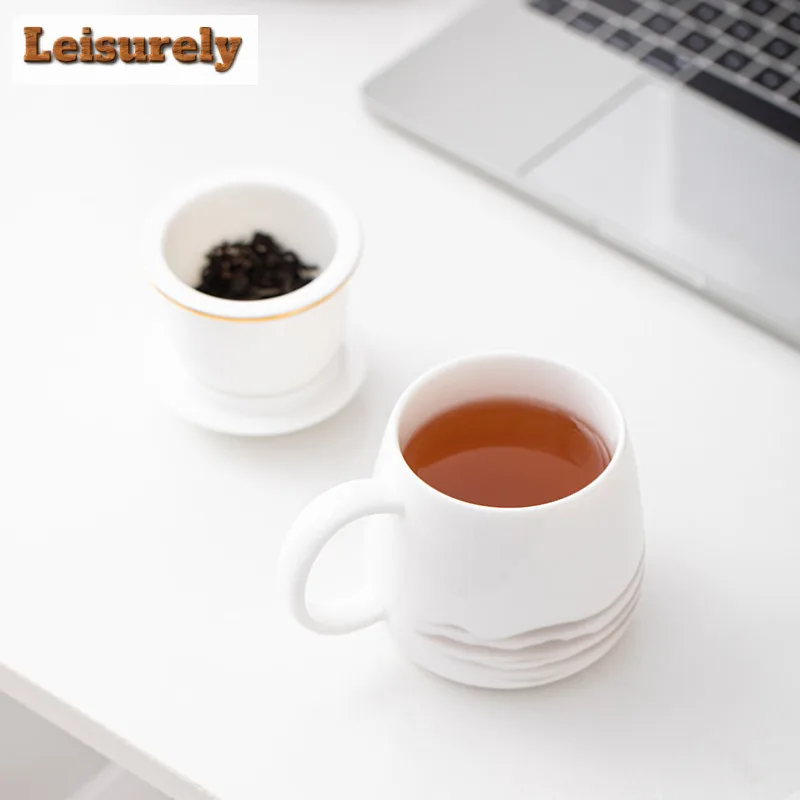 Sheep Fat Jade White Porcelain Ink Far Mountain Filter Tea Separator Cup Retro Tea Mug With Infuser Tea Soaking Office Water Cup