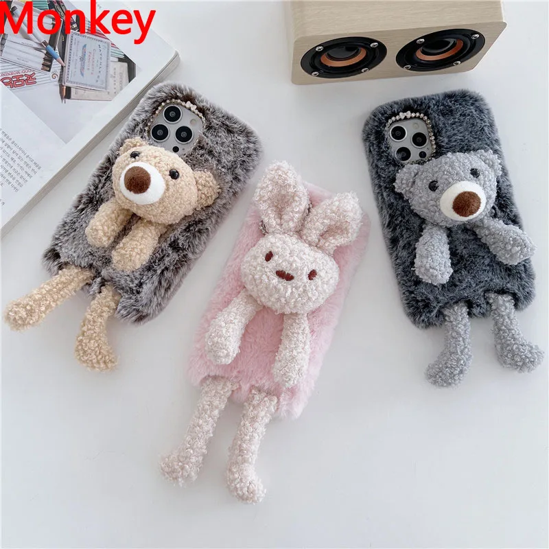 3D Cute Rabbit Fluffy Plush Bear Phone Case For Xiaomi Redmi 10A