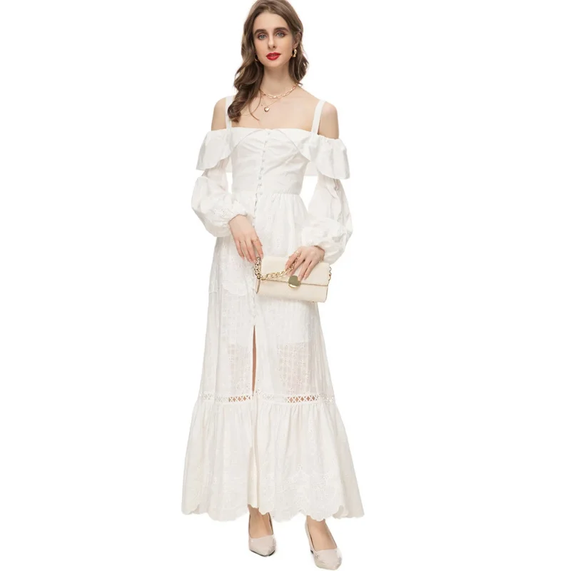 

Spring Fashion Designer White Vintage Sling Dress Women Slash Neck Embroidery Button Ruffles High Waist Slim Long Dress