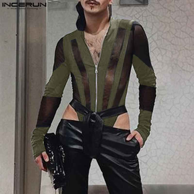 INCERUN American Style Bodysuits Men Stylish Sexy Homewear Jumpsuit Male Leisure Spliced Zipper Design Long Sleeved Rompers