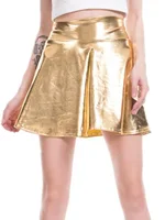 CUHAKCI Short Sexy High Waist Pleated Skirts Women Solid Casual Silver Gold Mini Laser Women Party Club 1