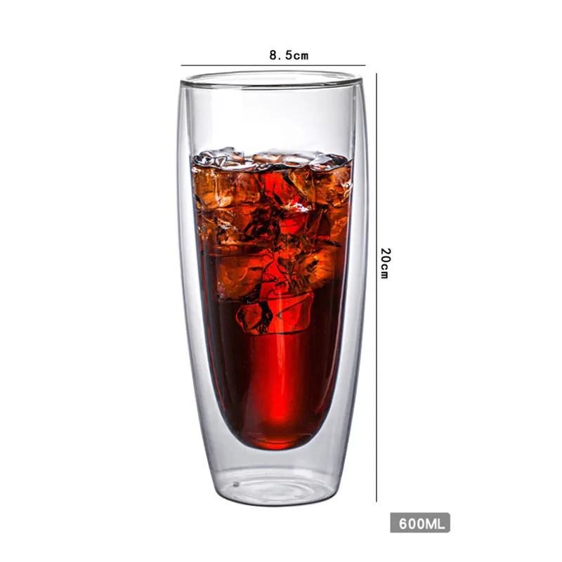 이중벽 유리 커피 우유 컵, 차가운 음료 주스 맥주 물병, 가정용 바 창의적인 음료 용기, 600ml 대용량