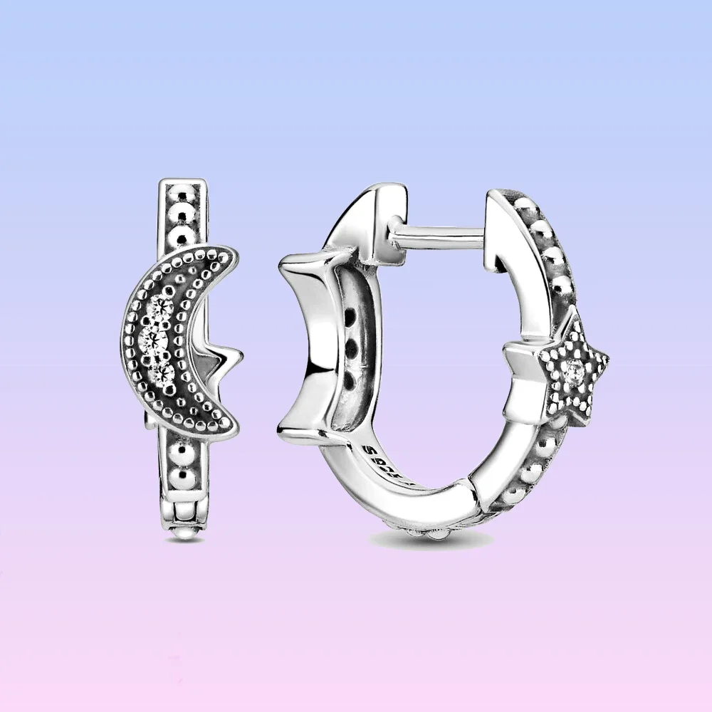 

925 Silver Pandora Crescent Moon and Stars Beaded Hoop Earrings for Women Birthday Mother's Day Gifts
