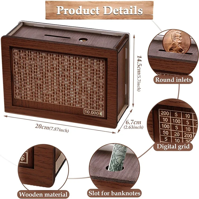 Money Box with Counter Money Saving Box Cash Vault Retro Style Wooden Piggy Bank Handmade Saving Goal for Child Adult