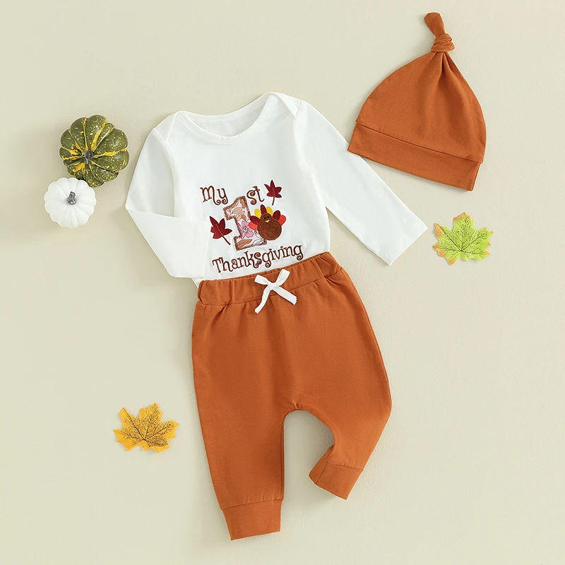 

My First Thanksgiving Outfit Newborn Baby boy Long Sleeve Turkey Romper Pants Hat Set Fall Clothes