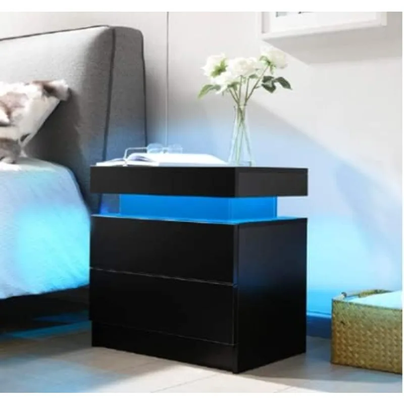 

Bedside Table with 2 Drawers, LED Nightstand Wooden Cabinet Unit with Lights for Bedroom, Living Room, Black