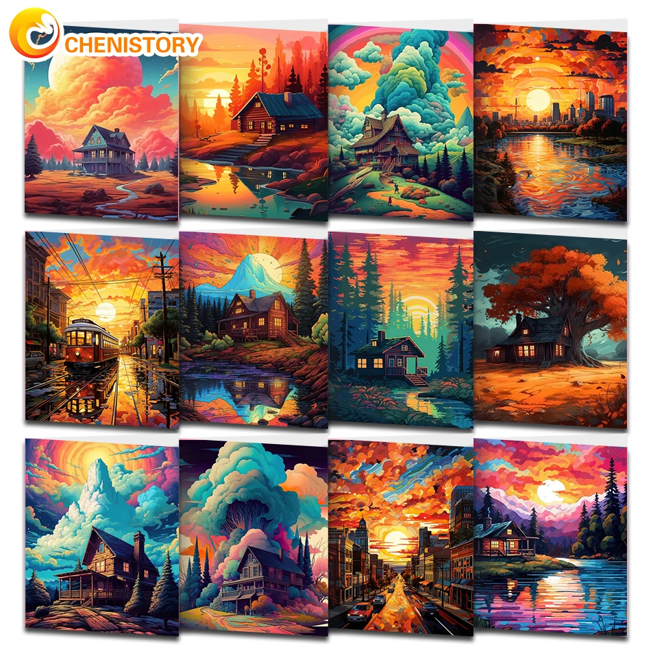 CHENISTORY 성인용 캔버스 페인팅, 숫자에 그림 그리기, 화려한 풍경 일몰 키트, 벽 예술 그림, 60x75cm
