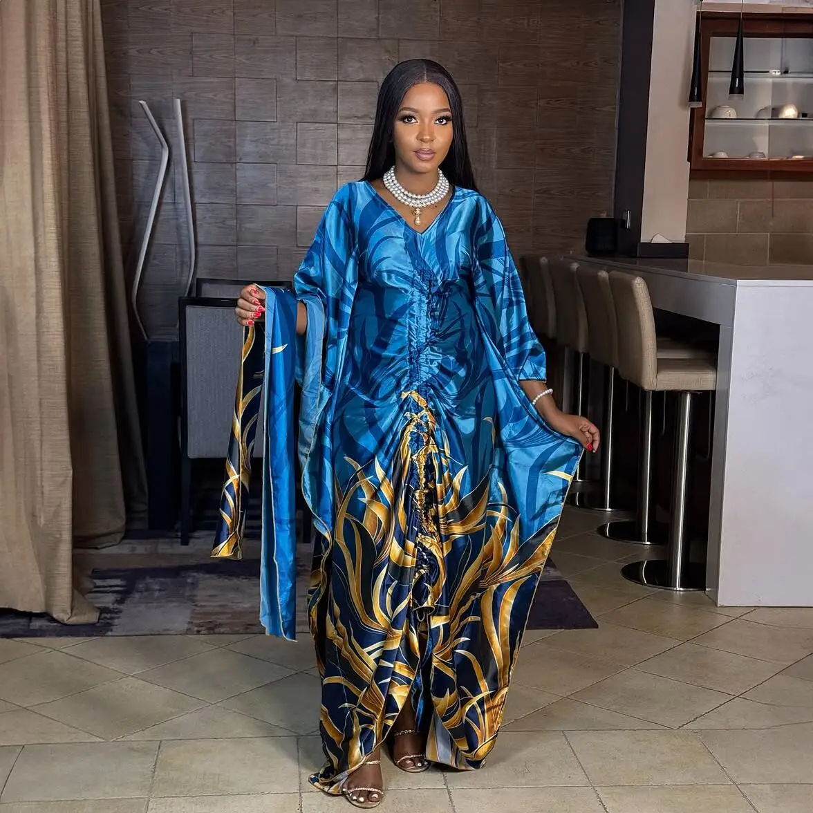 Fashion in african dress woman Printed fabric new in dresses Loose With a belt african dresses for woman