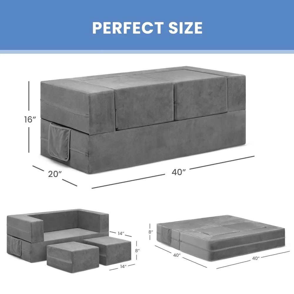 Convertible Sofa and Play Set for Kids and Toddlers Modular Foam Couch and Flip Out Lounger with 2 Ottomans 3