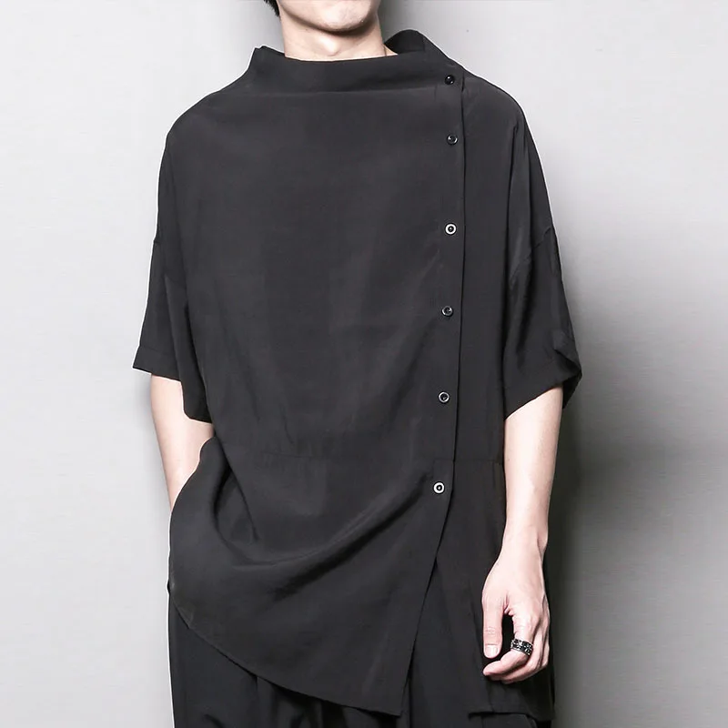 

Men's Loose Diagonal Access Control Short Sleeve Shirt Japanese Fashion Asymmetric Design Half High Collar Half Sleeve Shirt