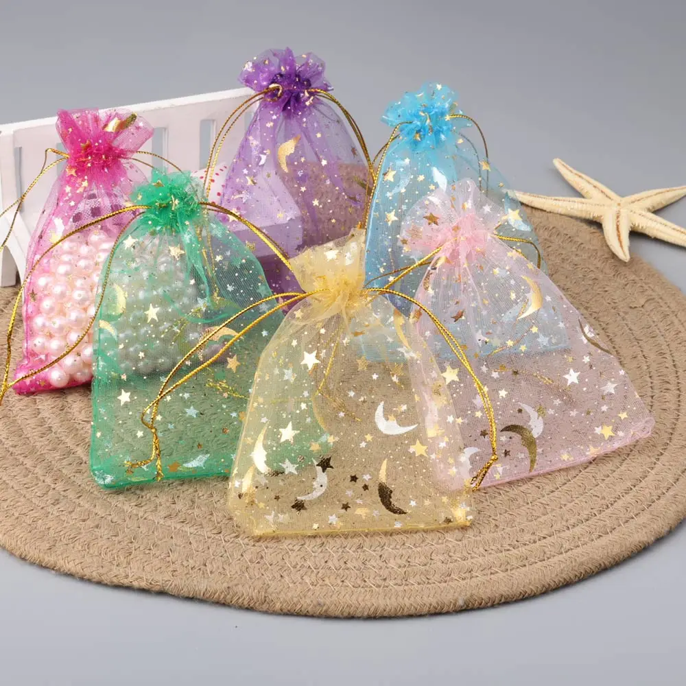 50pcs 9x12cm 스타 문 크리스마스 Organza 선물 가방 매력 보석 포장 Drawstring 가방 & 파우치 도매