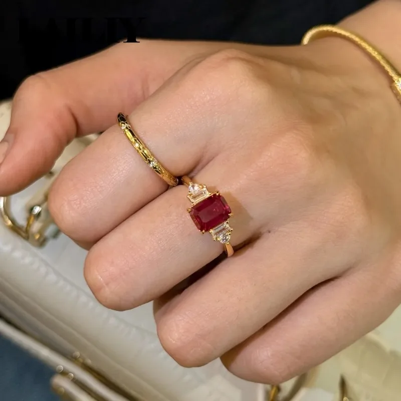 LAILIY 18K 골드 다이아몬드 사각형 비둘기알 모양 루비 조절 가능 반지 여성 패션 주얼리
