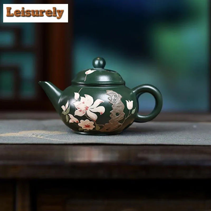140ml Yixing Purple Clay Teapots Handmade Clay Drawing Level Pot Raw Ore Green Mud Tea Maker Kettle With Filter Zisha Tea Set