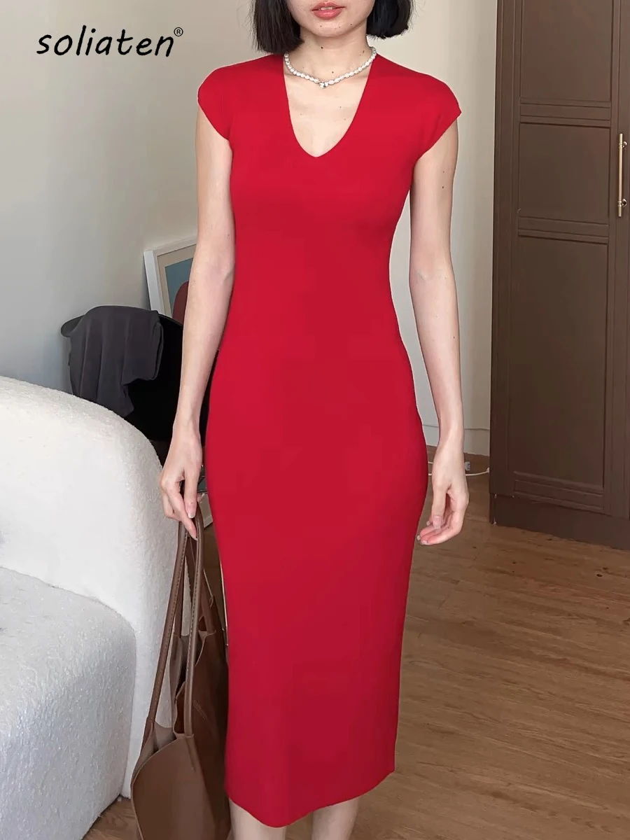 

Casual Deep V-neck Bodycon Red Black Long Dress Women Clothing Short Sleeve Slim Fit Elegant Lady Knitting Dresses C-103