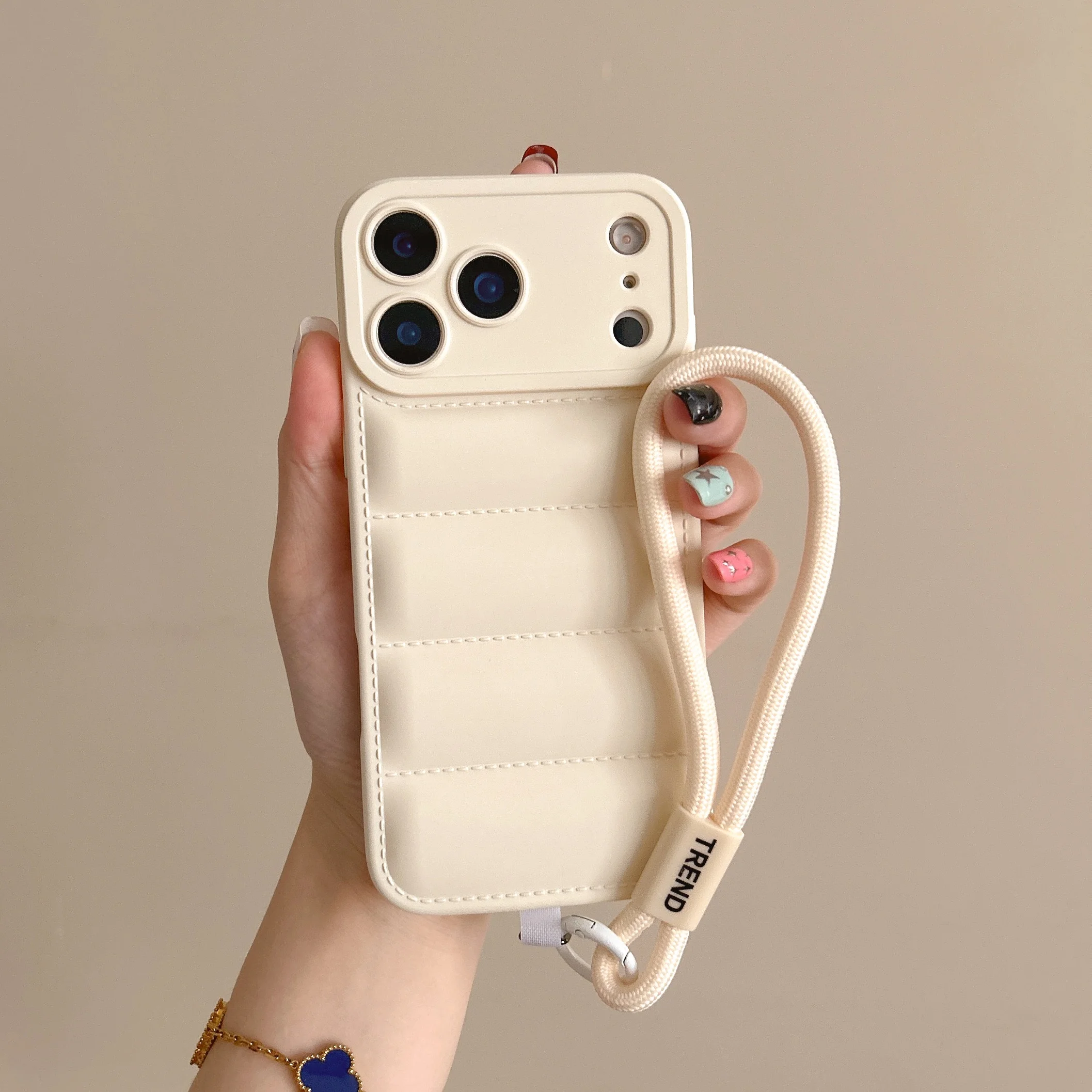 Solid-Color Down Jacket-Style Phone Case – Soft Protective Case with Short Lanyard