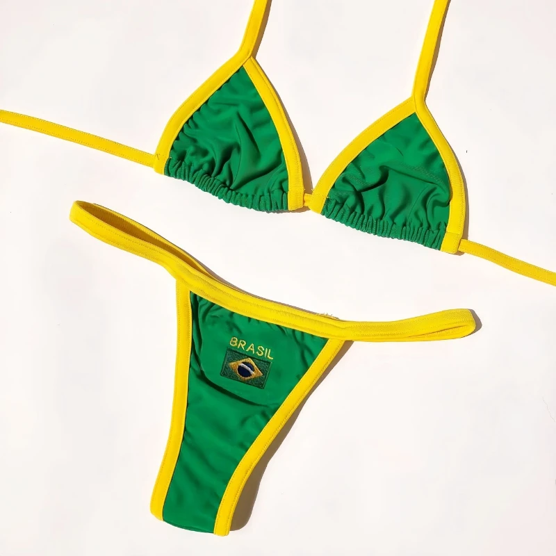 Women's Brasil Flag Print Bikini Set, Halter Triangle Top + Tanga Bottom, Brazilian Flag Two-Piece Swimwear, Y2K Beachwear 5