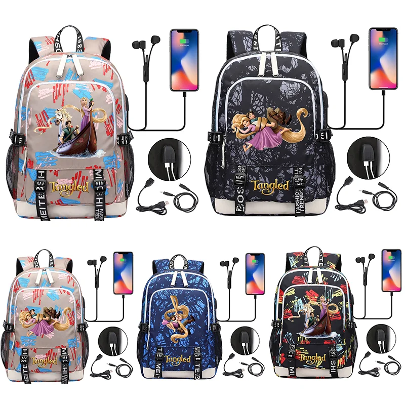 

Tangled Rapunzel Princess Laptop Backpacks Student USB Charging Backpack Famale Colorful Print Rucksack Travel Bag Mochila