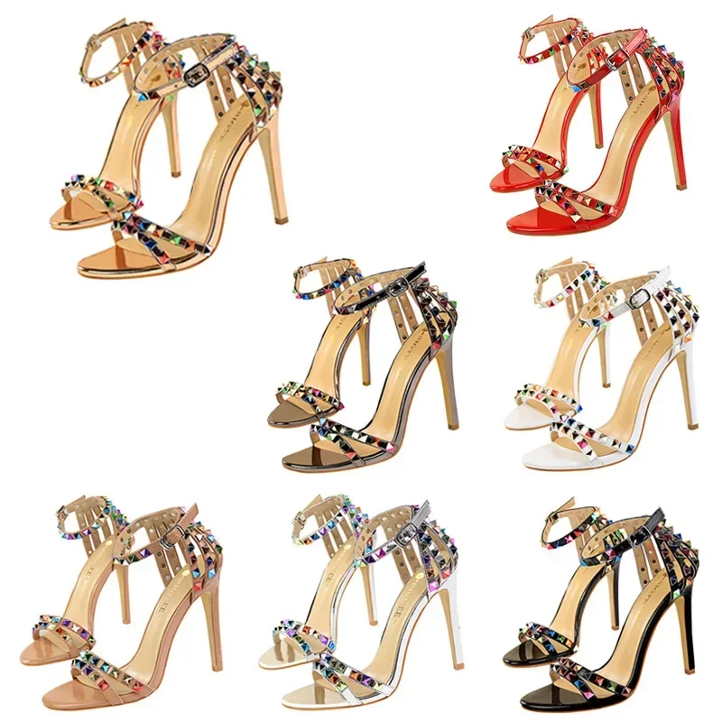 Black Rivet Gladiator Platform Sandals | Thin Heel Party Statement Shoes