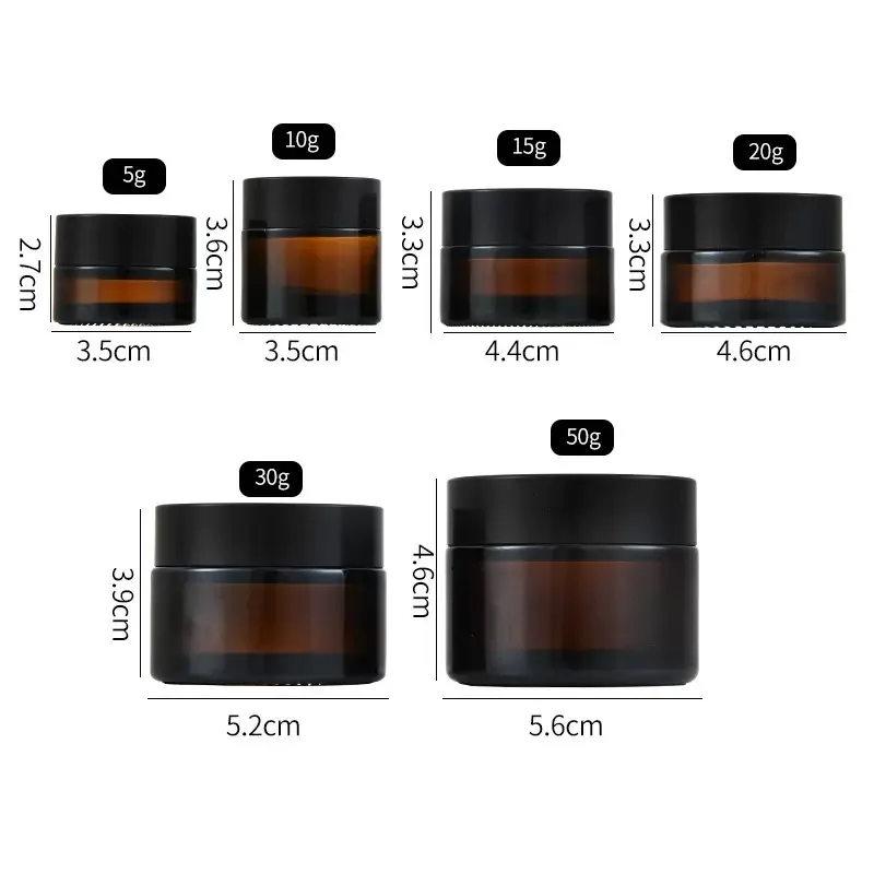 20X 5/10/15/20/30/50/100G Empty Amber glass cream jar Bottle Box cosmetic container Cosmetic black lid glass bottle Storage Jars 2