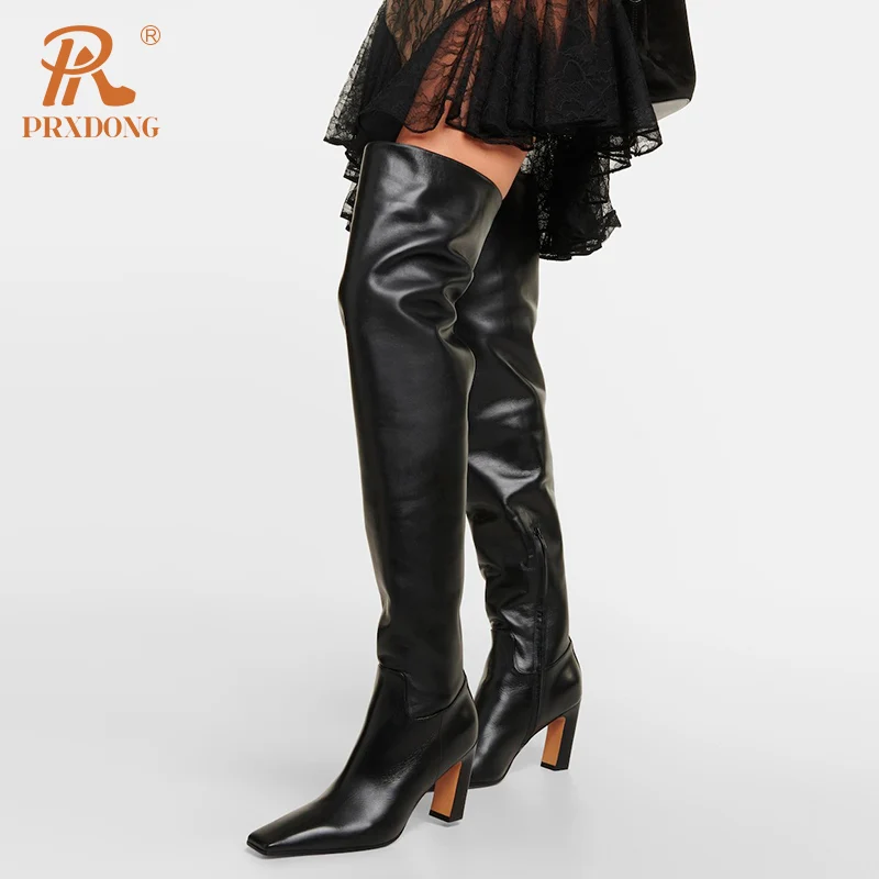 

PRXDONG 2023 New Brand Autumn Winter Shoes Woman Long Boots High Heels Square Toe Black Warm Over The Knee Boots Big Size 34-45