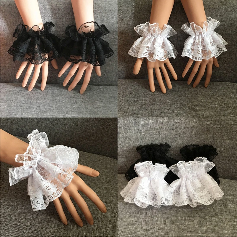 Lolita Lace Wrist Cuffs - Ruffled Floral Black Hand Sleeves for Halloween