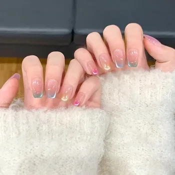24PCS Dopamine Cat Eye False Nails Cute Colored Short Coffin Stick on Fake Nails Full Cover Simple Glossy French Nails Wearable