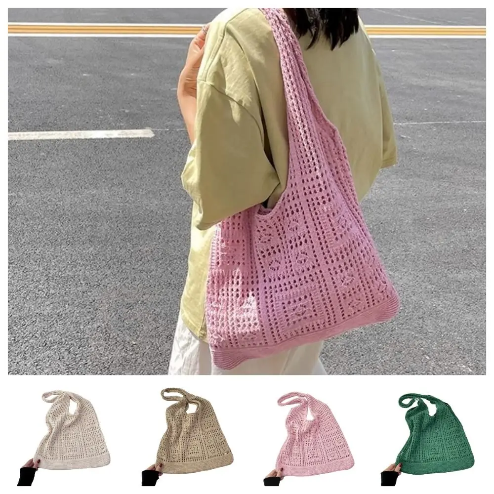 Borsa a Spalla in Maglia Monocolore, Borsa da Spiaggia Intrecciata Vuota, Borsa Shopping Grande Capacità Stile Bohemien per Uso Quotidiano - immagine 2