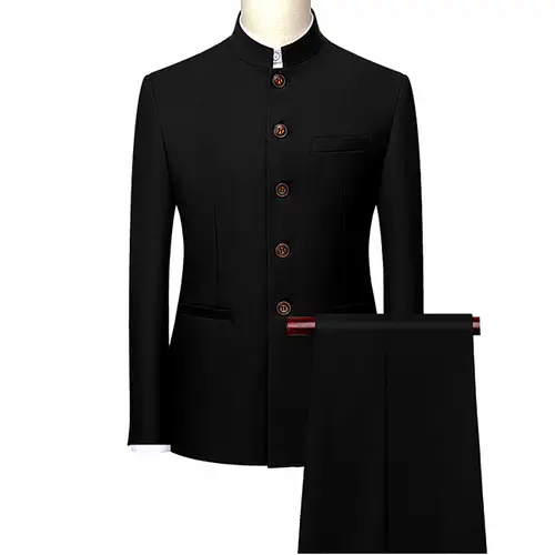 Men's White Single Breasted Stand Up Collar Suit 2-Piece, Chinese Style Red Slim-Fit Blazer Coat and Pants, Black, Blue, Yellow. - Image 4