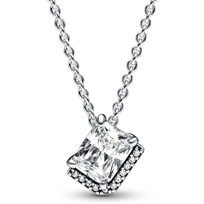 

Authentic Rectangular Sparkling Halo Collier With Crystal Chain Necklace For Women 925 Sterling Silver Necklace Fashion Jewelry