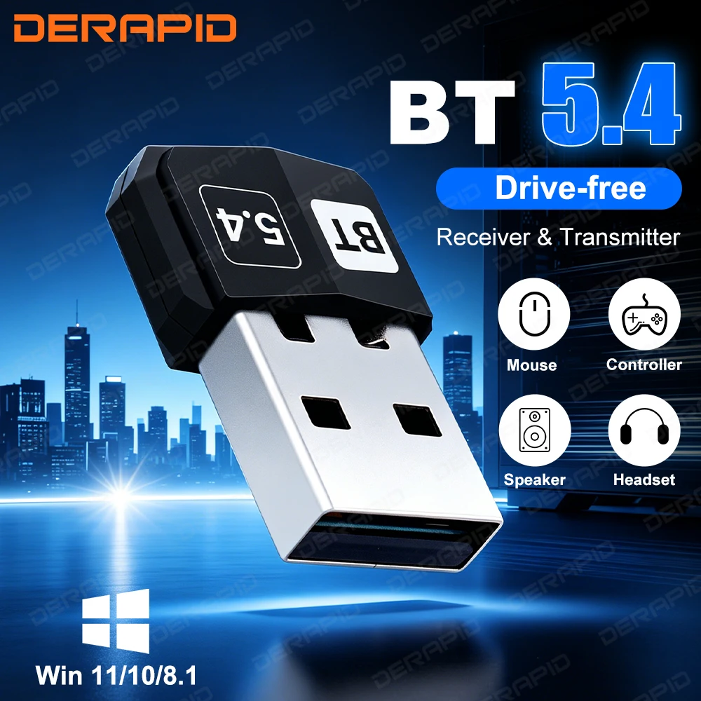 USB 블루투스 5.4 어댑터 플러그 앤 플레이 동글 듀얼 모드 송수신기 오디오 무선 PC 노트북 윈도우 11/10 드라이버 무료