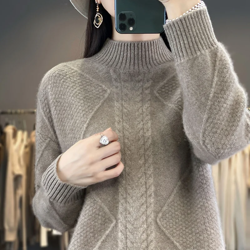 2024 Women's Cashmere New Retro High Quality Fashion Half High Collar Pullover Autumn and Winter New Solid Color Cashmere Pullov 4