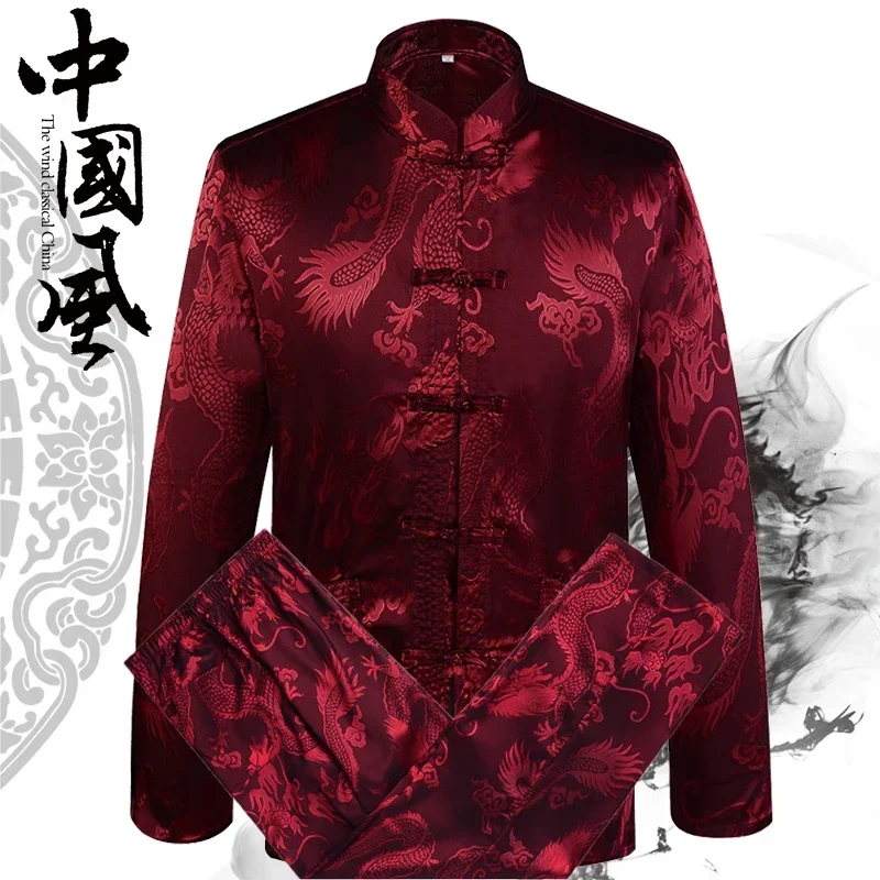 

5 Colors Chinese Style Middle-aged Men's Dragon Printing Tang Suit Satin Long-sleeved Shirts Pants Set Wu Shu Kung Fu Uniform