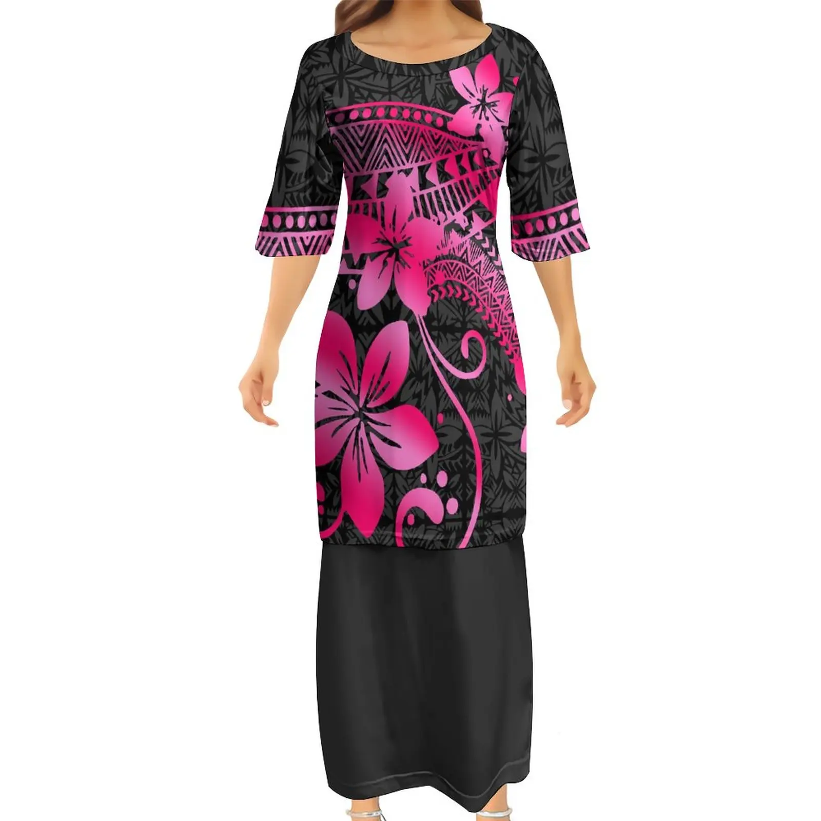 

Летнее женское платье Puletasi в полинезийском стиле Самоа, индивидуальное платье с круглым вырезом и рукавом до локтя, бесплатная доставка