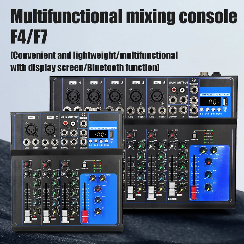 미니 오디오 D 믹서 사운드 보드 콘솔 시스템, 4/7 채널 팬텀 파워, USB MP3 스테레오 라이브 DJ 스튜디오 스트리밍용