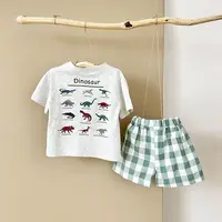 2024 Summer Infant Cotton Short Sleeves+Shorts Children Dinosaur Set Printed Boys Girls Casual Check Newborn Clothing 1
