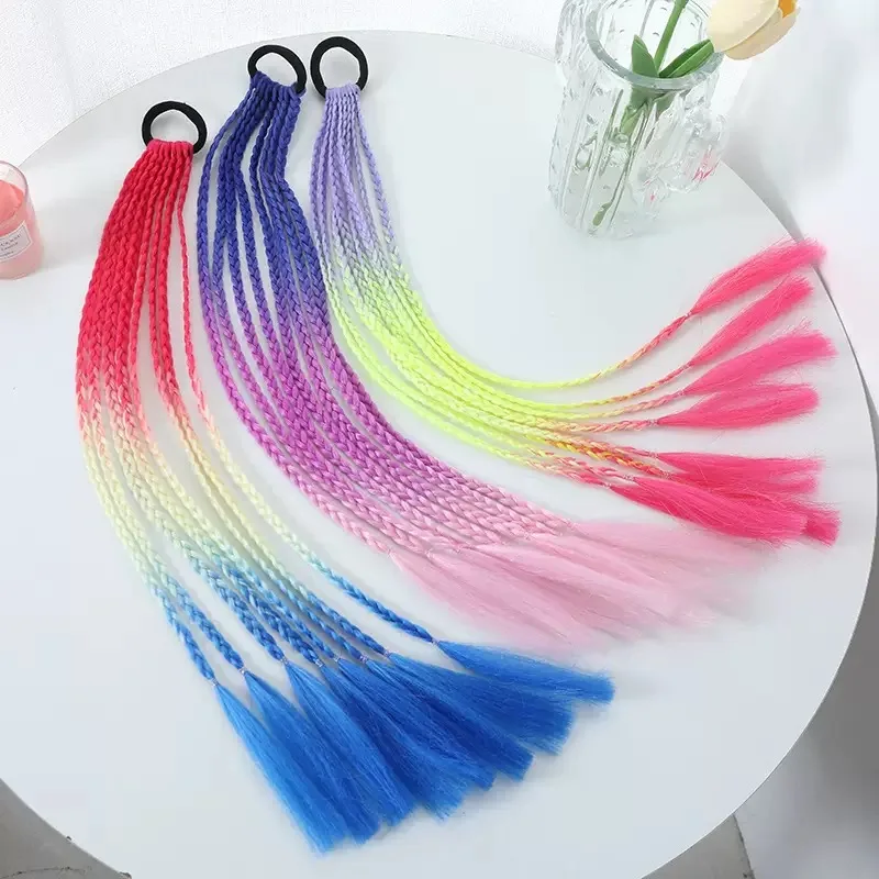 Random 1PC Rainbow Braided Hair Extensions,Colorful Gradient Synthetic Hair Pieces,Fashion Dreadlocks Hair Accessories For Women
