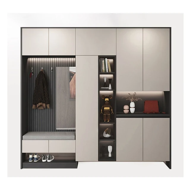 โมเดิร์นหรูหราไม้ห้องโถงกระจกเฟอร์นิเจอร์เก็บสมาร์ทชั้นวางรองเท้าตู้ PVC Lacquer อะคริลิค MDF รวมทั้งอ่างล้างจานบานพับก๊อกน้ํา 1