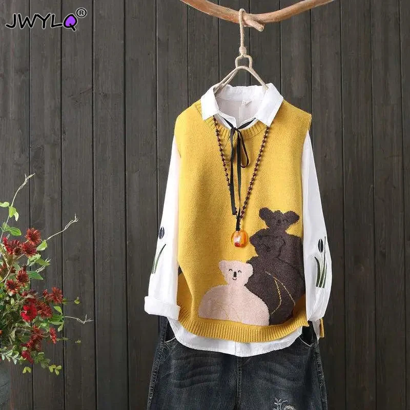 Autumn Winter Cute Bear Print Oneck Sleeveless Vest Sweater Fashion Loose Pullover Sweater Vest