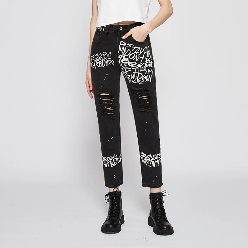 slim fit Streetwear Korean Fashion Female Clothes Jeans Woman Y2k Straight Hole Pants Hole Versatile Printing Denim Trousers Black high waisted jeans