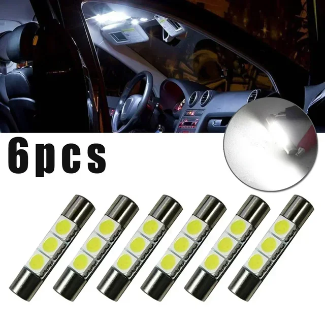 6Pcs Super Bright Xenon White 5050 3-SMD 6641 6614F LED Bulb Sun Visor Mirror Fuse Lights Auto Replacement Lamps Accessories 1