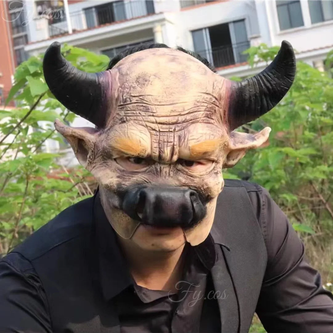 

Bull Mask Funny Animal Head Hood Cow Horn Devil Novelties Halloween Masquerade Cosplay Latex Mascara Half Face Costume for Men