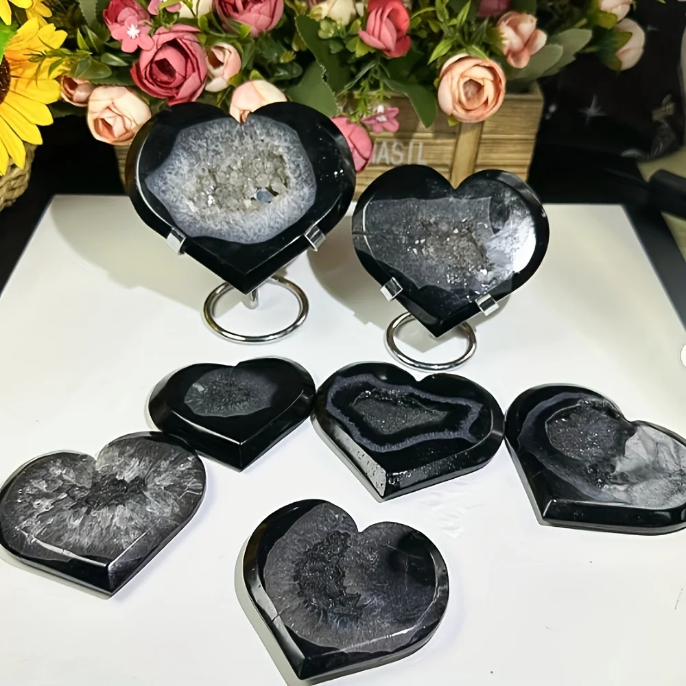 Black Agate Geode Heart Crystal - Natural Carved Palm Stone, Bohemian Home Decor, Love Pocket Gemstone for Crystal Collection 4