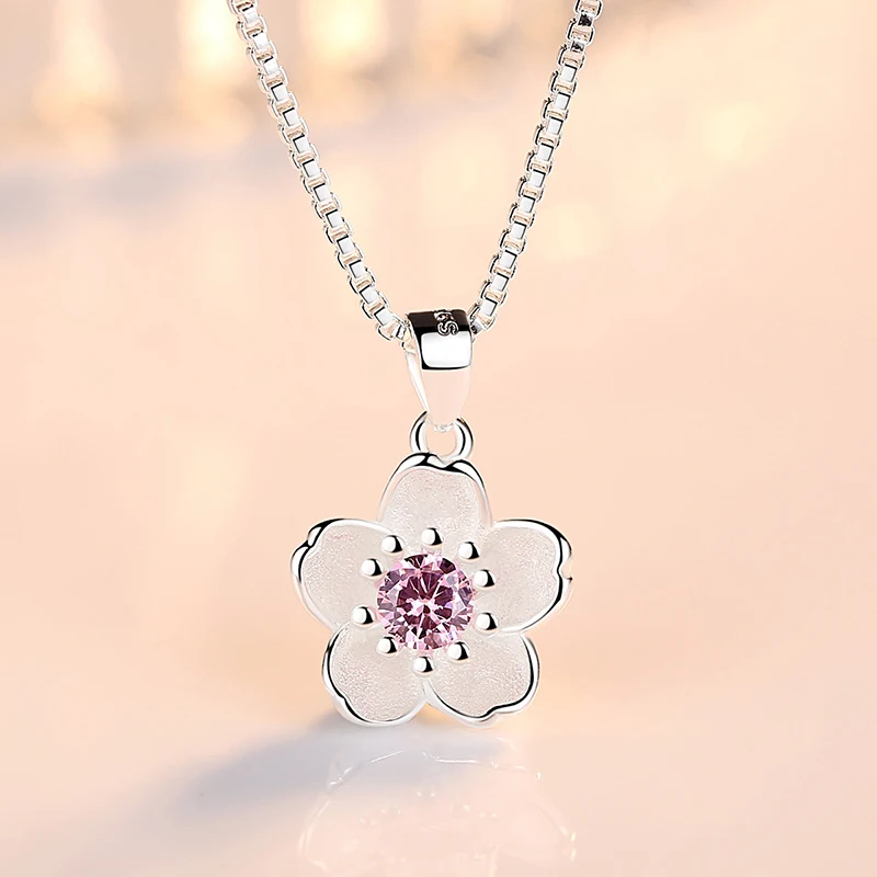 925 Sterling Silver Jewelry Set For Women Crystal Flower Pendant Necklace Stud Earrings