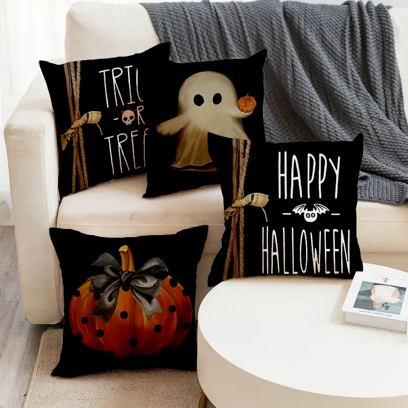 

Happy Halloween Ghost Pumpkin Pattern Printed Square Pillowslip Soft Linen Blend Cushion Cover Pillowcase Living Room Home Decor