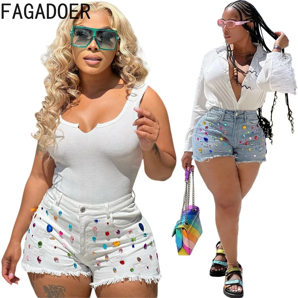 

FAGADOER Fashion Colored Diamonds Tassels Denim Shorts Women High Waisted Pocket Slim Jean Casual Female Matching Bottoms 2024