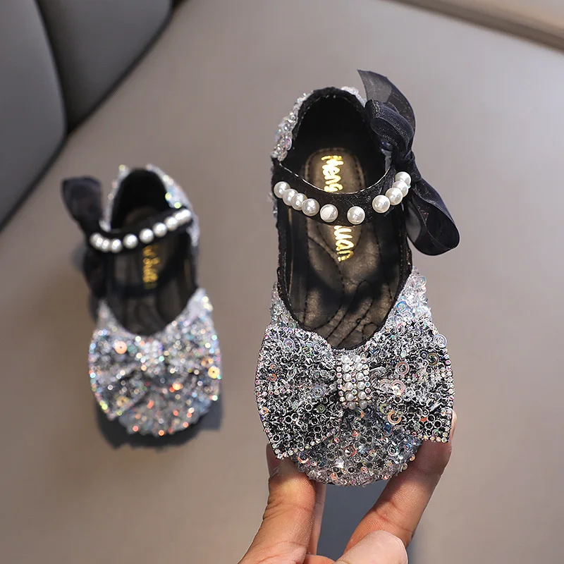 Girls shoes leather shoes girls flats AINYFU spring kids glitter pearl flat princess lace bow wedding soft bottom dance shoes